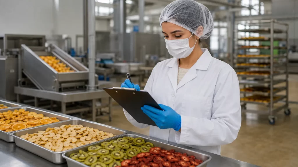 mulher fazendo anotações pós análise de controle de qualidade em frutas desidratadas